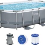 Bestway Power Steel Frame Pool Set, oval, mit Filterpumpe 305 x 200 x 84 cm, grau, 5614A