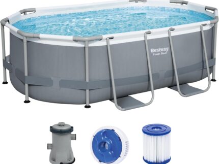 Bestway Power Steel Frame Pool Set, oval, mit Filterpumpe 305 x 200 x 84 cm, grau, 5614A