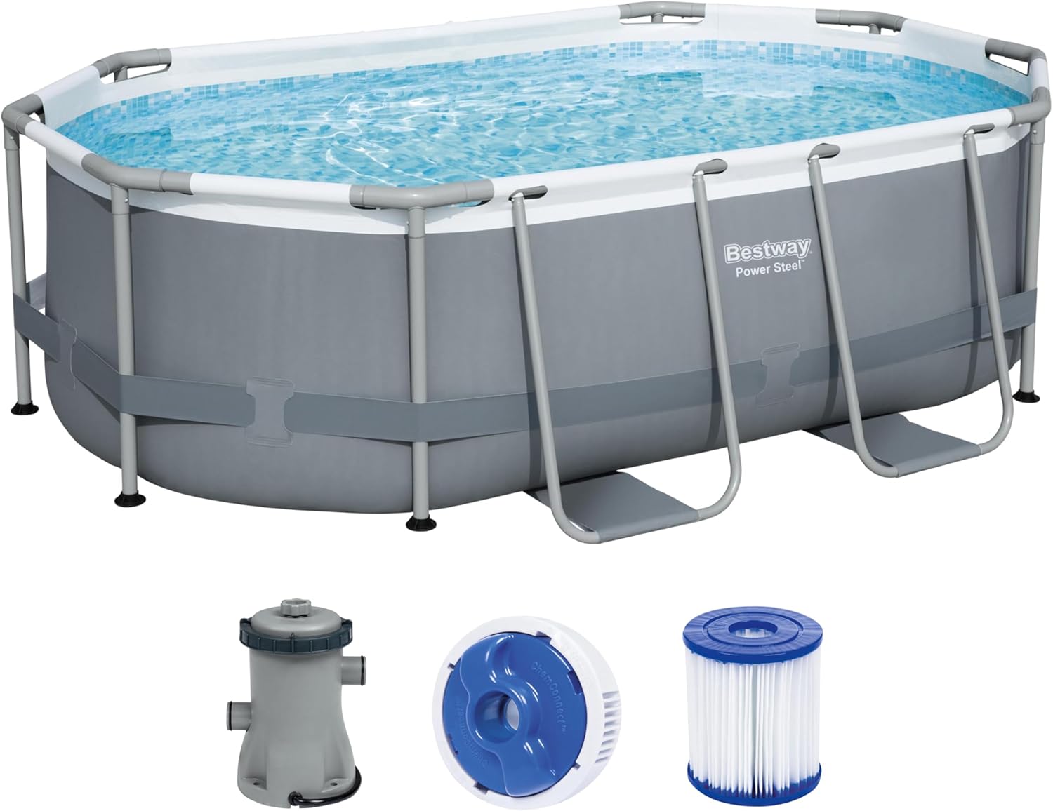 714gjy9JfeL._AC_SL1500 Bestway Power Steel Frame Pool Set, oval, mit Filterpumpe 305 x 200 x 84 cm, grau, 5614A
