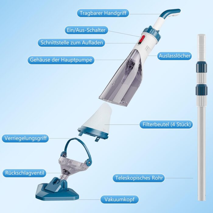 Enhulk Poolsauger Akku, Pool Bodensauger mit Betriebsdauer bis zu 60 Minuten, 222cm Teleskopstange, Poolreiniger mit 4 Filter, Absaugung bis zu 4200L/H, Ideal für oberirdische Pools/Spas usw, Blau