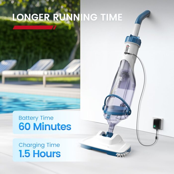 Enhulk Poolsauger Akku, 2025 Verbesserter 34cm breiter Kopf, Betriebsdauer bis zu 60 Minuten, Poolreiniger mit 3 Filter & Teleskopstange, Absaugung bis zu 4200L/H, Ideal für Aufstellpool usw