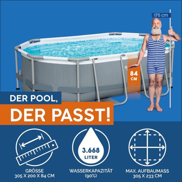 Bestway Power Steel Frame Pool Set, oval, mit Filterpumpe 305 x 200 x 84 cm, grau, 5614A