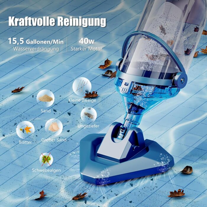 Enhulk Poolsauger Akku, Pool Bodensauger mit Betriebsdauer bis zu 60 Minuten, 222cm Teleskopstange, Poolreiniger mit 4 Filter, Absaugung bis zu 4200L/H, Ideal für oberirdische Pools/Spas usw, Blau