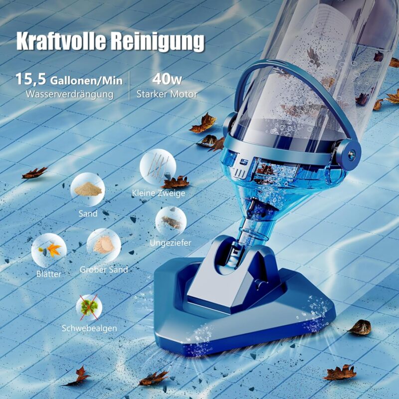 Enhulk Poolsauger Akku, Pool Bodensauger mit Betriebsdauer bis zu 60 Minuten, 222cm Teleskopstange, Poolreiniger mit 4 Filter, Absaugung bis zu 4200L/H, Ideal für oberirdische Pools/Spas usw, Blau