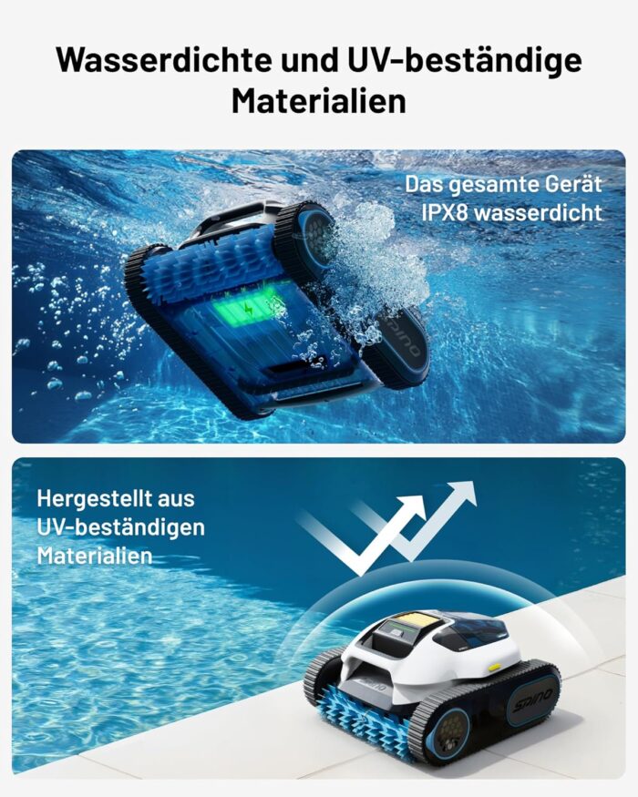 Spino E1 Poolroboter Akku Boden und Wand, 210 Min Kabellos Poolsauger, Max 21950 LPH, Poolreiniger mit 5 Reinigungsmodi, Auto Wasserlinien Parkfunktion & SmartArc Routenplan,bis 150㎡ (E1)