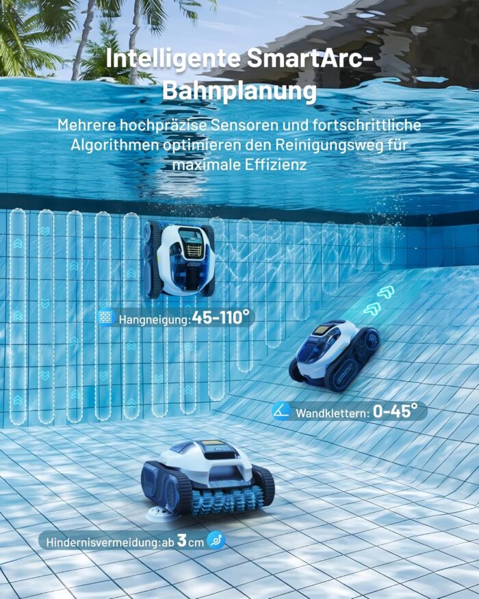 Spino E1 Poolroboter Akku Boden und Wand, 210 Min Kabellos Poolsauger, Max 21950 LPH, Poolreiniger mit 5 Reinigungsmodi, Auto Wasserlinien Parkfunktion & SmartArc Routenplan,bis 150㎡ (E1)
