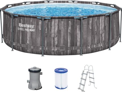 Bestway Steel Pro MAX Frame Pool-Set mit Filterpumpe Ø 366 x 100 cm, Holz-Optik (Mooreiche), rund