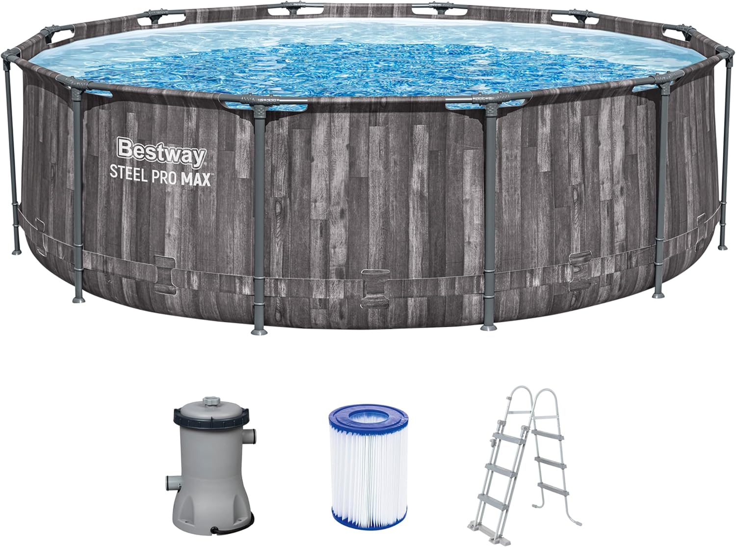 81jBRZZyPsL._AC_SL1500 Bestway Steel Pro MAX Frame Pool-Set mit Filterpumpe Ø 366 x 100 cm, Holz-Optik (Mooreiche), rund