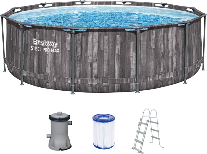 Bestway Steel Pro MAX Frame Pool-Set mit Filterpumpe Ø 366 x 100 cm, Holz-Optik (Mooreiche), rund