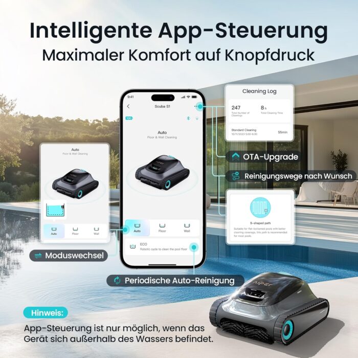 (2026 Upgrade) AIPER Scuba S1 Poolroboter Boden und Wand, Wasserlinienreinigung, Doppelfiltration, 240 Min Laufzeit, Intelligente Navigation, App-Steuerung & OTA-Updates für Einbau- und Aufstellpools