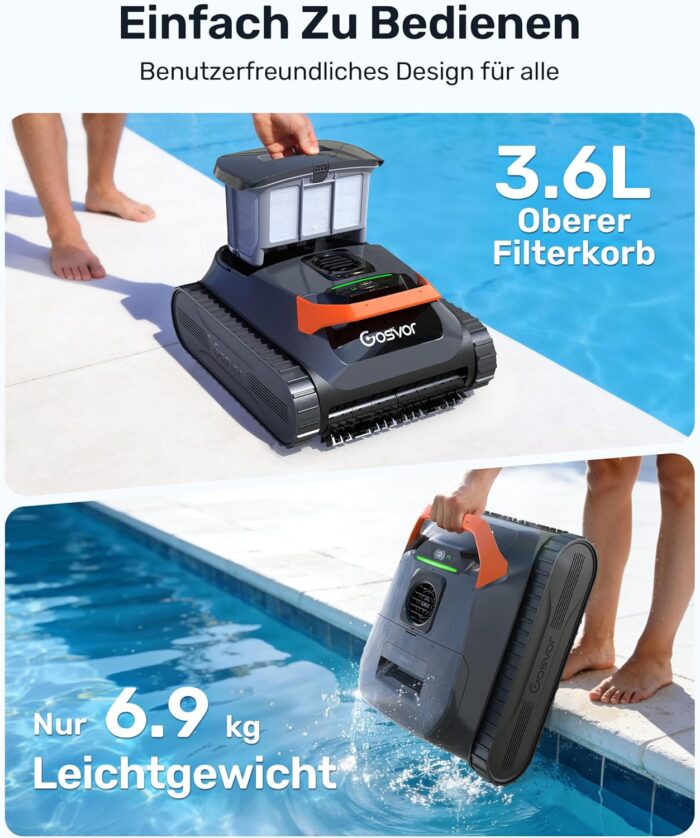(2026 Neu) Gosvor Poolroboter Wand und Boden, Wasserlinie, Flachzone 4-in-1, Bis zu 200 Min. Laufzeit, Leichtgewicht 6,9 KG, 3μm Ultrafeiner Filter, Starker Poolsuager Akku für Pools bis zu 200 m²