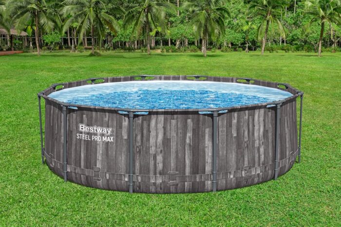Bestway Steel Pro MAX Frame Pool-Set mit Filterpumpe Ø 366 x 100 cm, Holz-Optik (Mooreiche), rund